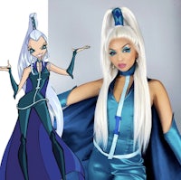 a woman in a blue costume next to a woman in a blue costume