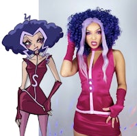a woman with purple hair next to an image of a cartoon character