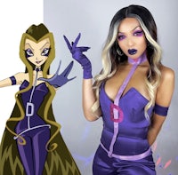 a woman in a purple costume next to a woman in a purple costume