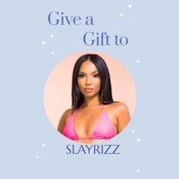 a woman in a pink bikini with the words give a gift to slayrizz