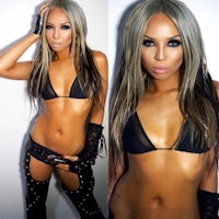 two pictures of a woman in a black bikini