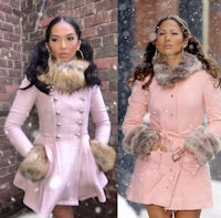 two women in pink coats with fur collars