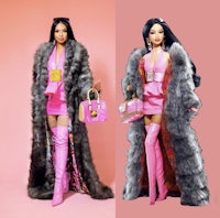 two pictures of a barbie doll wearing pink boots and a fur coat