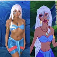 two pictures of a woman dressed up as a disney princess