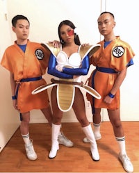 a man and woman dressed up as dragon ball z characters