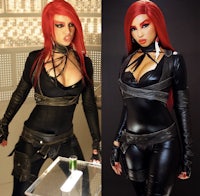 two pictures of a woman dressed in black leather and red hair