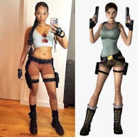 two pictures of a woman dressed as lara croft